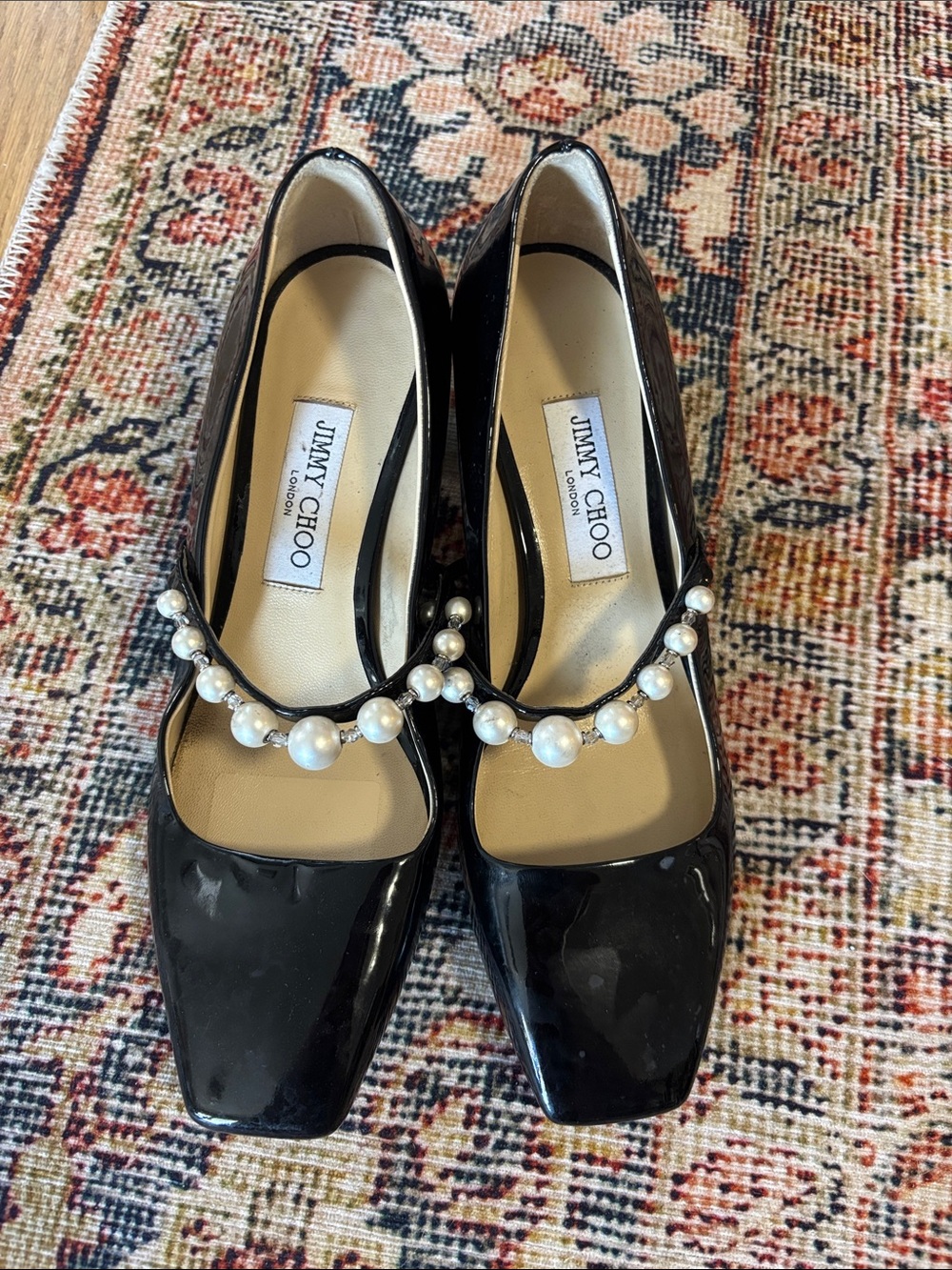 Jimmy Choo Black Patent Leather Pumps with Pearl Strap